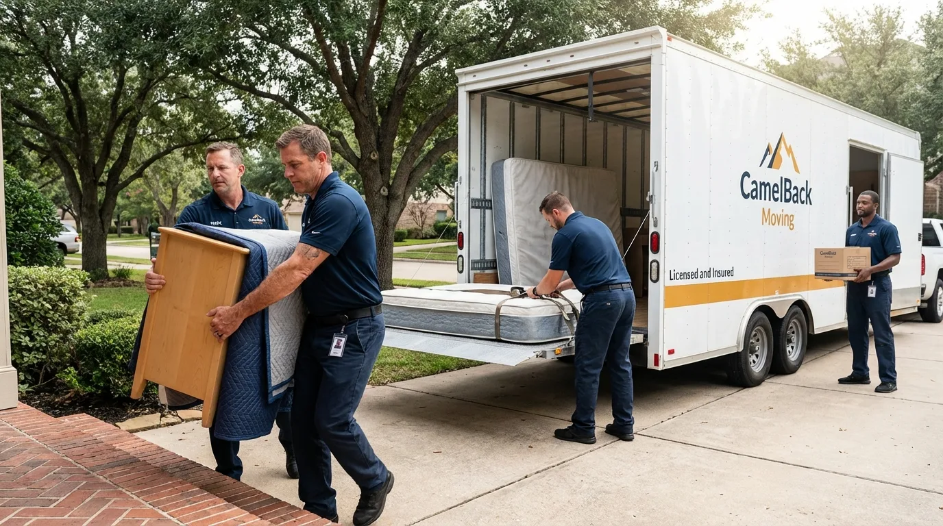 Crew loading residential truck for cross-state move from El Paso, IL