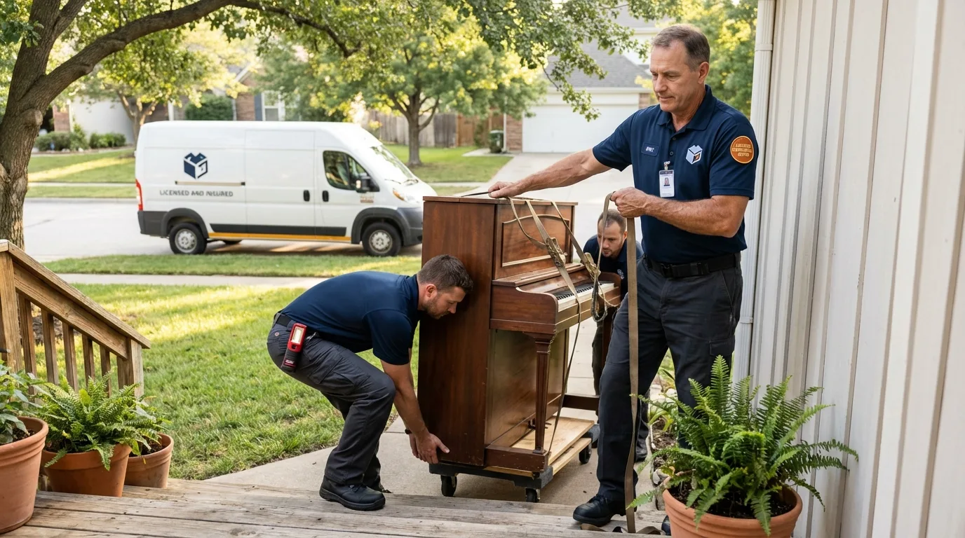 Licensed piano movers securing grand piano in El Paso, IL