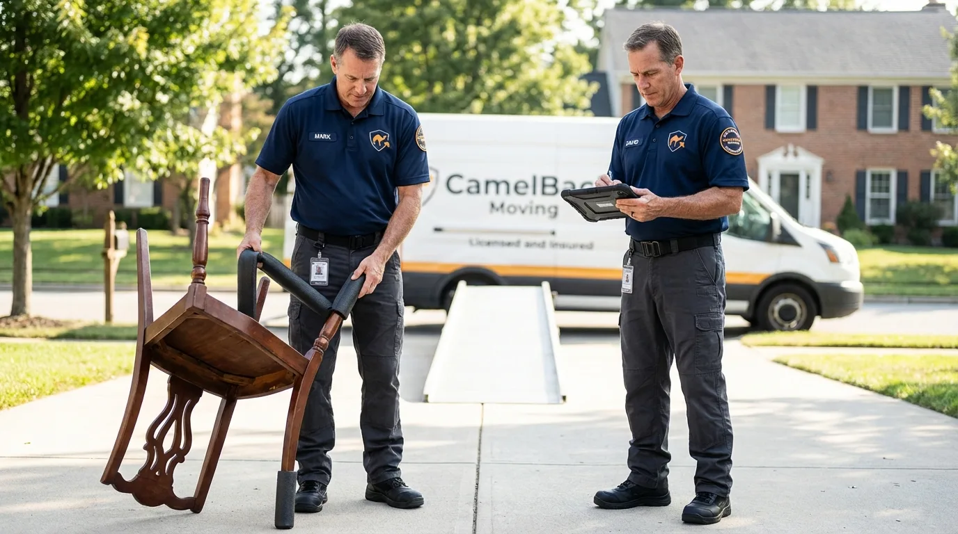 Movers inspecting furniture for damage prevention before loading in El Paso, IL