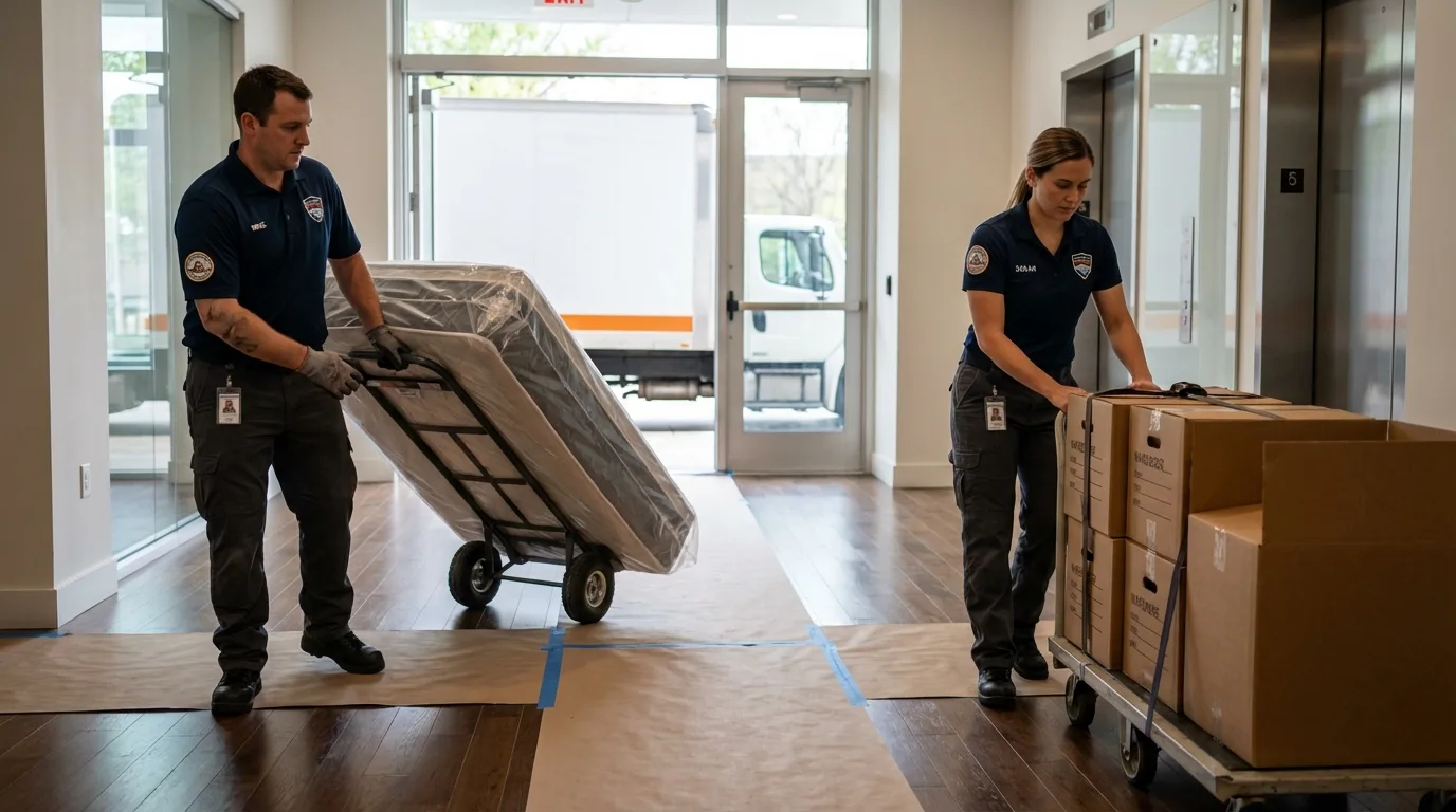 Professional apartment movers loading elevator in El Paso, IL