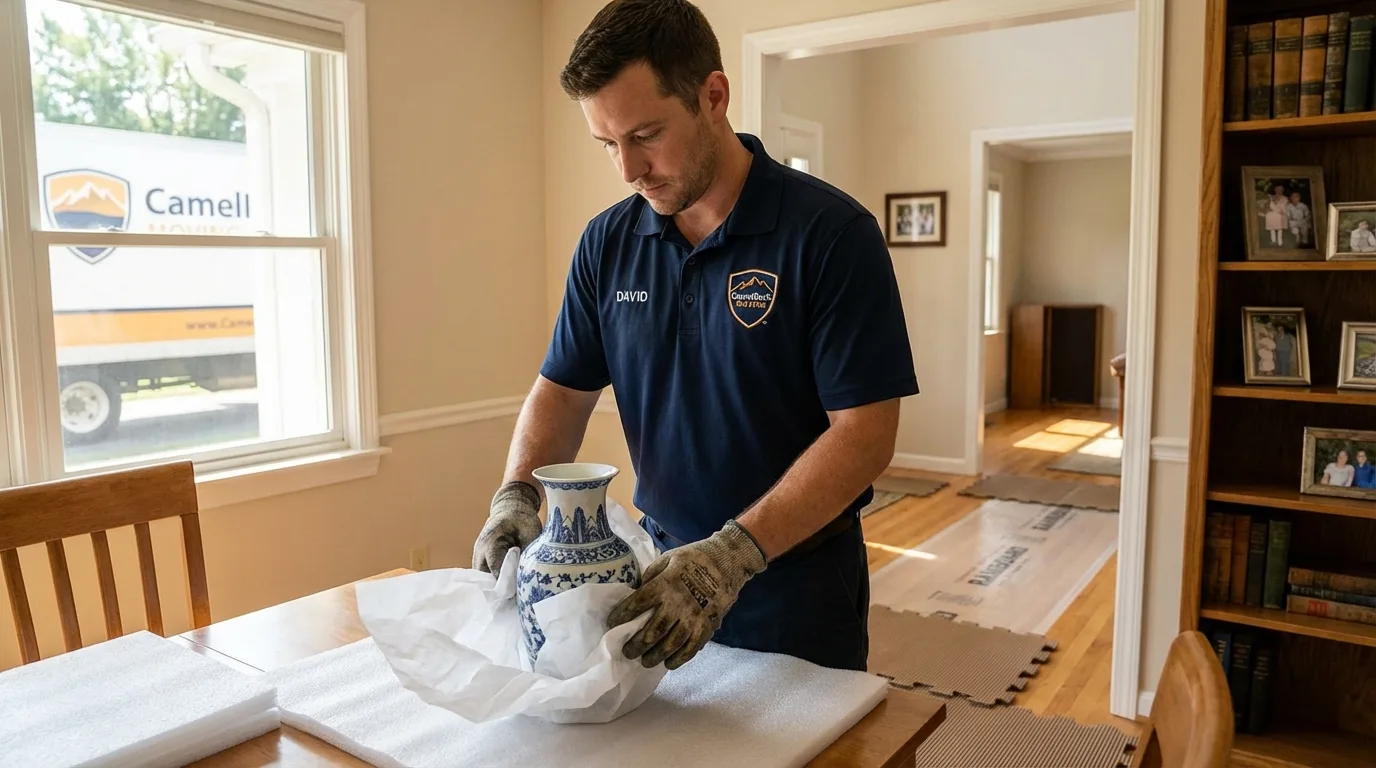 Professional crew carefully wrapping antique vase for senior downsizing move in El Paso, IL